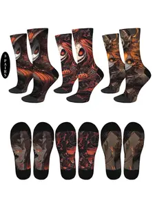 3 pairs of unisex Harajuku style Halloween print crew socks, novel horror straw girl pattern mid-tube socks, trendy and fashionable casual home socks, suitable for daily gatherings, travel parties, parties, wearing gift socks, couple gift socks