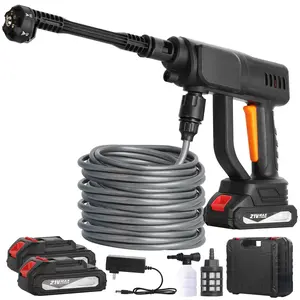 21V (600 PSI) cordless portable high-pressure washer with six spray modes, suitable for car washing and floor cleaning. Includes two 4.0Ah batteries and a charger.