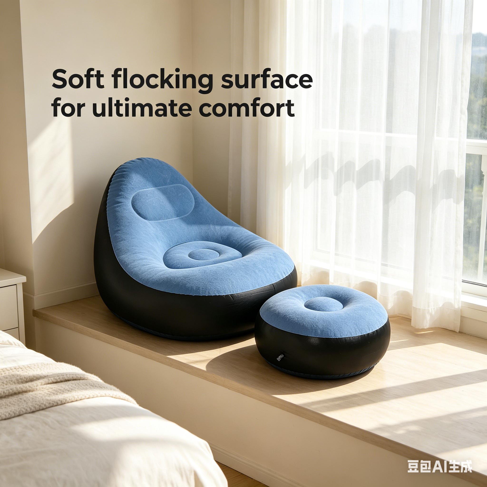 1pc Soft Flocked Inflatable Sofa with Footrest in Blue, Lightweight Foldable Single Recliner, Easy Storage Lounge Chair for Indoor Living Room Balcony Outdoor Camping Relax