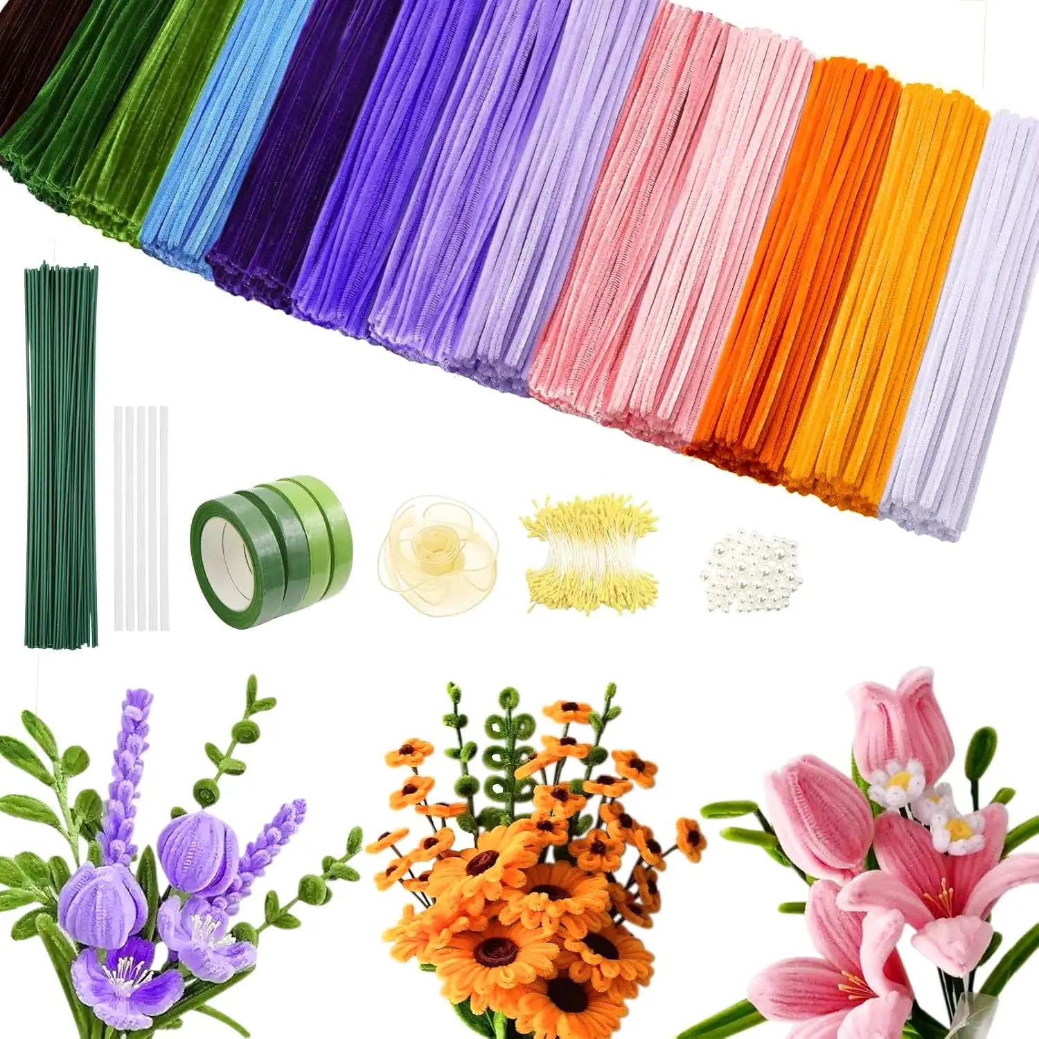 800 PCS Chenille Stems Craft Kit, 13-Color Pipe Cleaners with Handle and Instruction, DIY Art & Craft Supplies for Specialty Toys & Hobbies Projects, Floral Decor Stems