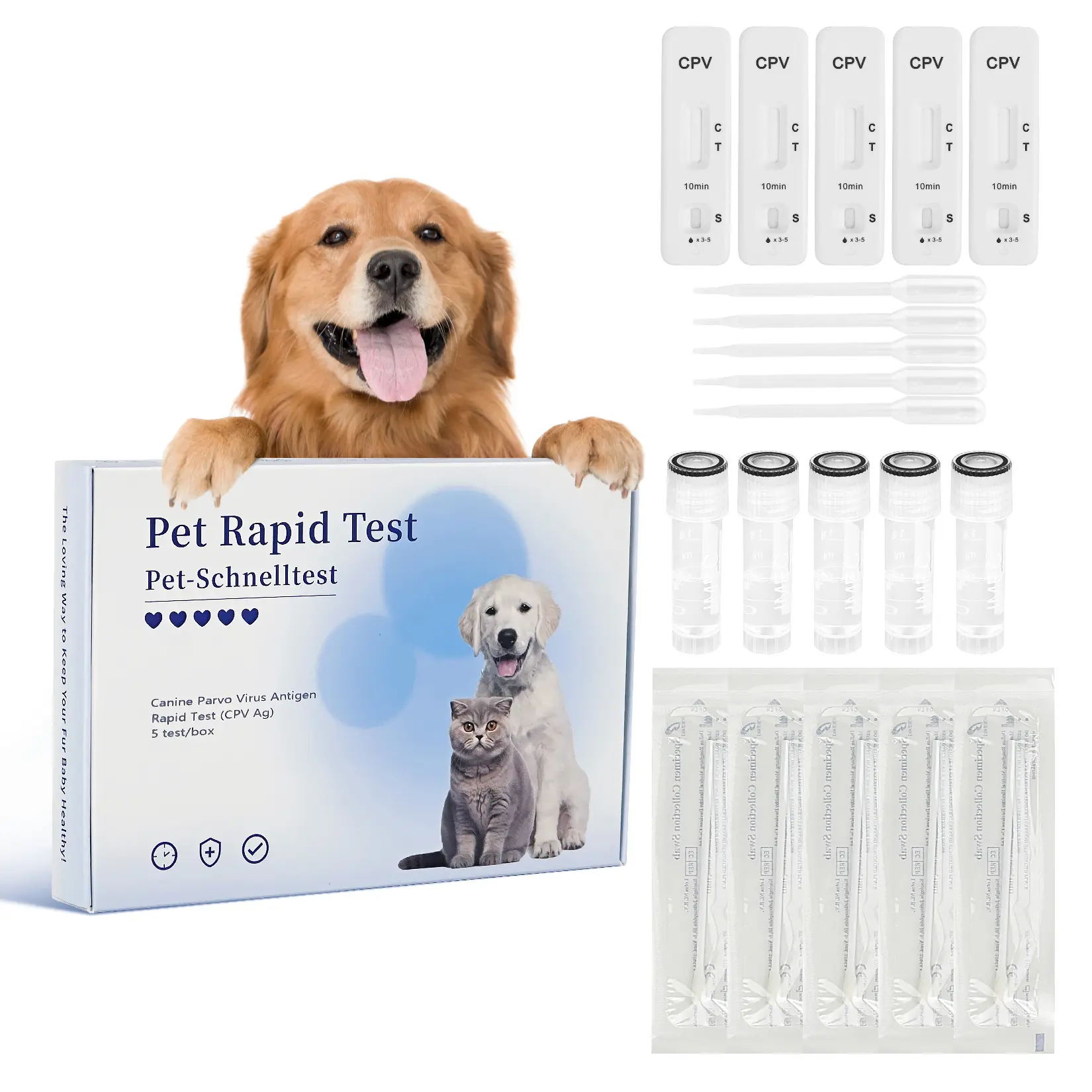 PawsXfun Canine Parvovirus Test Kit - 5 Test Devices with Cotton Swabs & Assay Buffer, 5-Minute Feces/Vomit Detection, Accurate Non-Invasive Easy Home Testing for All Dog Breeds & Ages