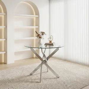 35.5" Modern Round Tempered Glass Dining Table with Silver Legs, Indoor Furniture for Home Kitchen, Dining Room