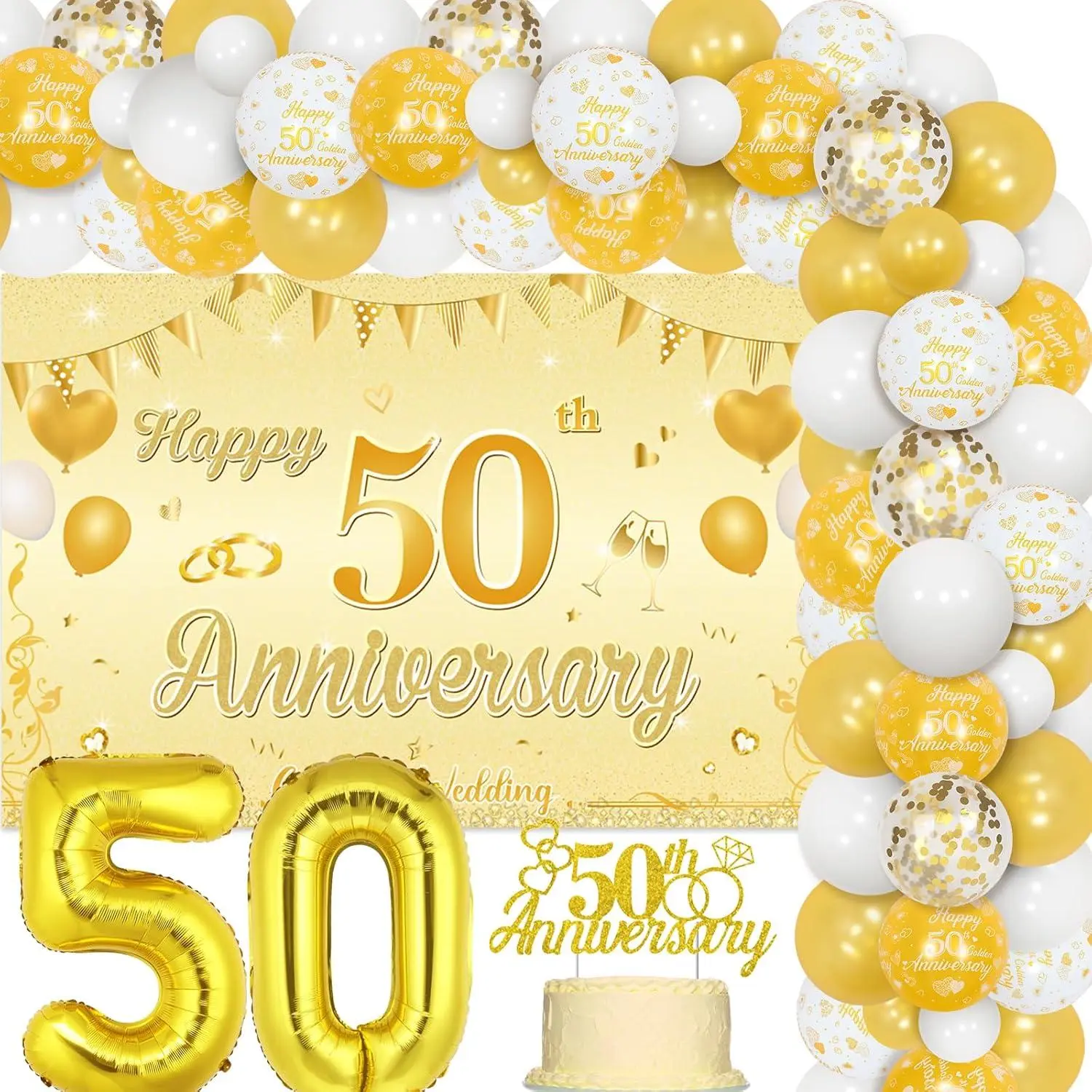 50Th Golden Wedding Anniversary Decorations - Happy 50Th Anniversary Gold And White Balloon Arch Kit With BackdropCake TopperFoil Balloons For Cheers To 50Th Anniversary Party Supplies