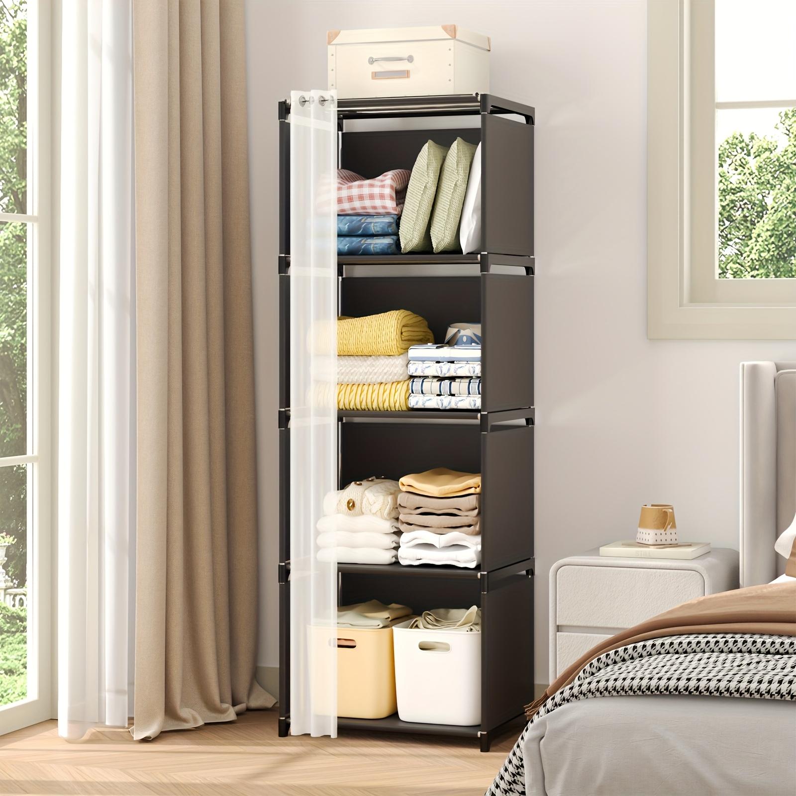 TOMNK Black/White Simple Wardrobe with Four-tier, 15.4*10.9*48.9 Inches, Closet Orqanizers And Storange, Easy-to-assemble Bookshelf, Large Capacity Wardrobe Closet, Free Standing Closet, for Bedroom Living Room Entrance Hall And Kitchen