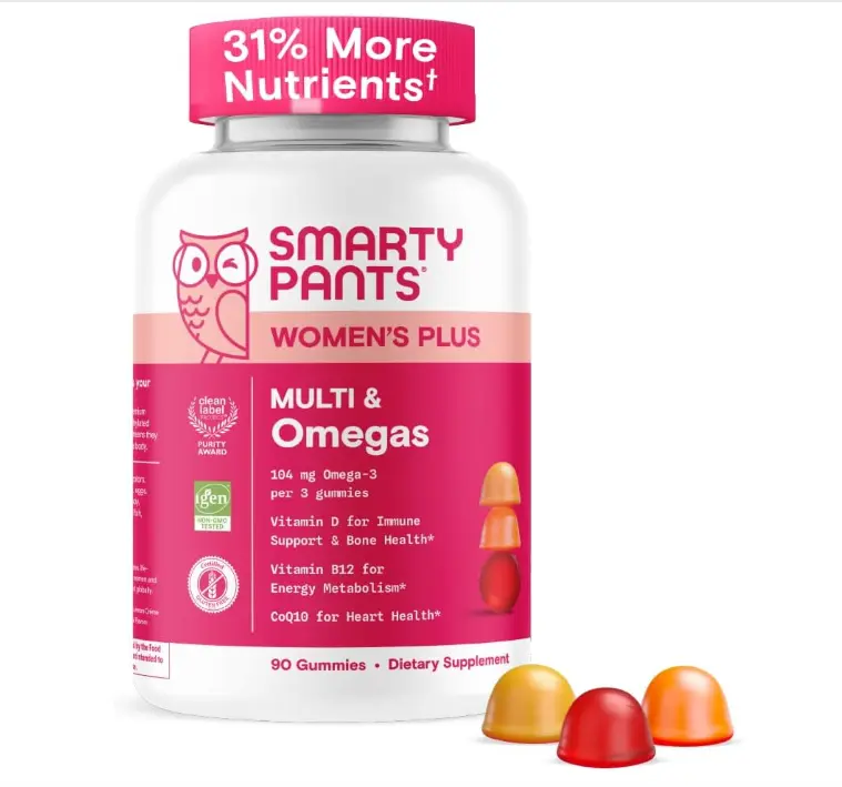 SmartyPants Women's Multivitamin Gummies - Improved Formula: Omega 3 (DHA/EPA), Methylfolate, CoQ10, Vitamin D3, C, Vitamin B12, B6, A, K & Zinc, Inositol, Gluten Free, 90 Count (30 Day Supply)