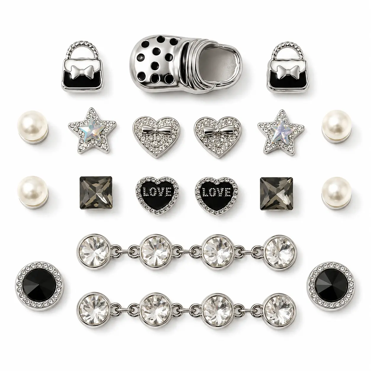 19PCS Silver & Black Shoe Accessories Set, Rhinestone Heart Star Pearl Mini Bag Decorations with 2 Crystal Chains for Clog Shoes