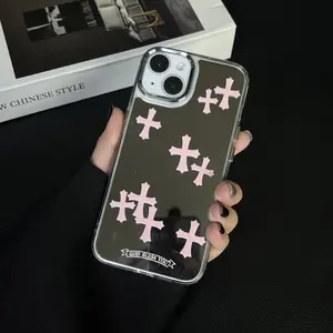 Suitable for iPhone16/15/14/13/12/11 Mirror Cross Pink Makeup Mirror Phone Case, iPhone 15 Cross Mirror Women's Phone Case