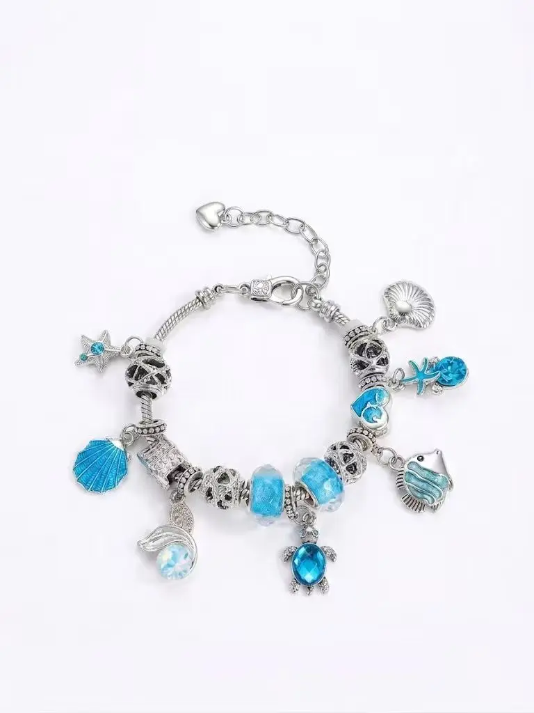 #JY Dora Bracelet Ocean Blue Turtle Starfish Charm Bracelet Stainless Steel Alloy Acrylic Beads Adjustable Bangle Women Summer Beach Jewelry Gift