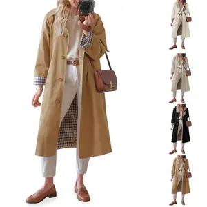 Molitree Women's 2025 Trench Coat with Plaid Lining Single Breasted Long Trench Coat with Button Closure Stylish Casual Outerwear for Fall Basic Chic Jacket
