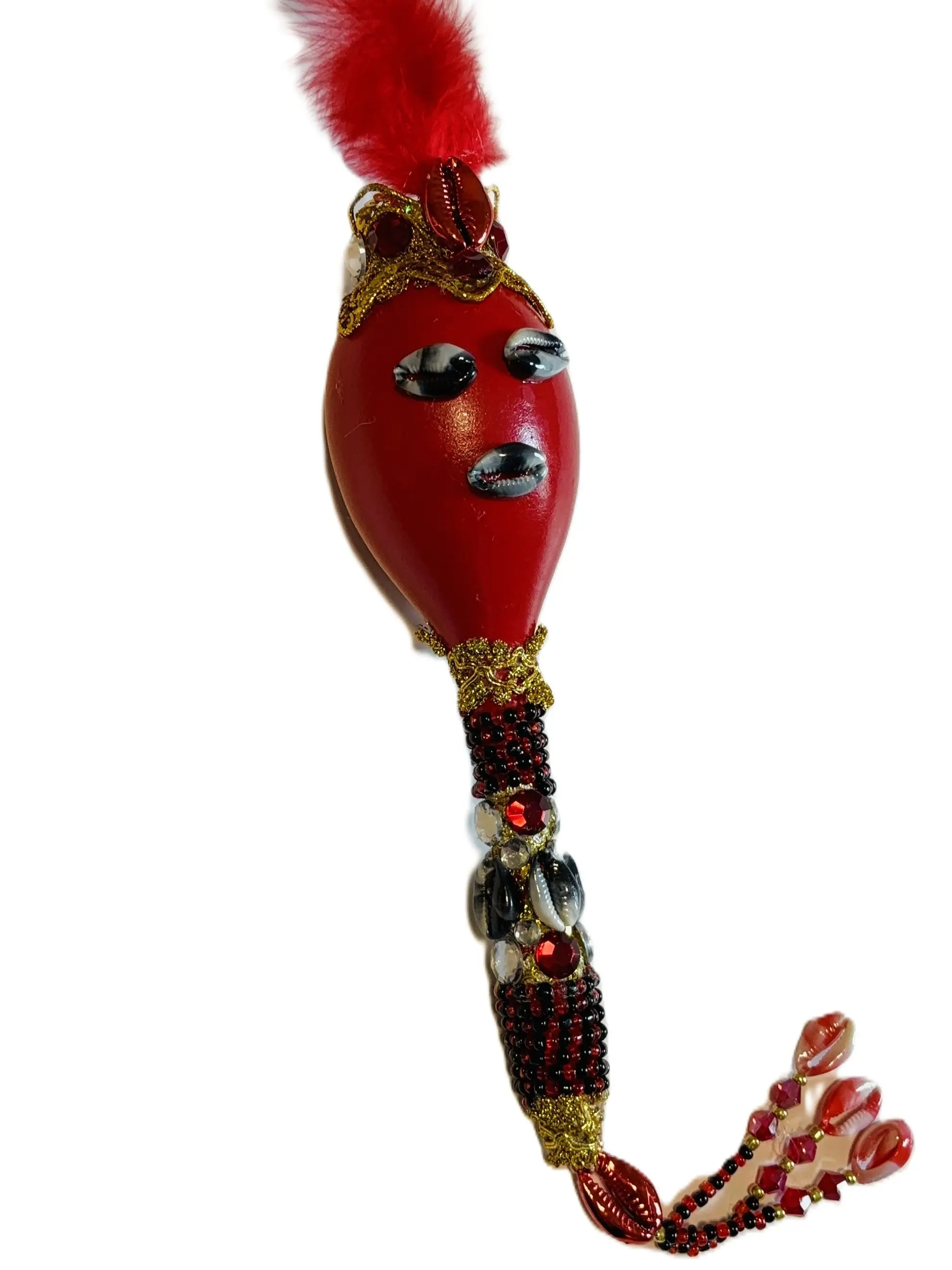 Gala Maraca for Elegguá (Eleggua) - Hand-decorated Ritual Maraca with Cowrie Shells, Beads, Stones, and Feathers - Yoruba Santeria Instrument in Red and Black - Religious Craft for Altar and Ceremonies