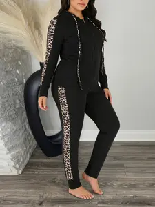 Women's Leopard Print Patchwork Hoodie Set, Long Sleeve Sweatshirt & Pants, Casual Fall Winter, Fitted Natural Waist Design