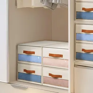 Closet Organizers and Storage - Fabric Bins with Drawers for Closet Foldable Clothes Organizers with Clear Window, Stackable Storage Drawers for Bedroom, Living Room, 4-Pack, Beige Boxes Hand Smooth