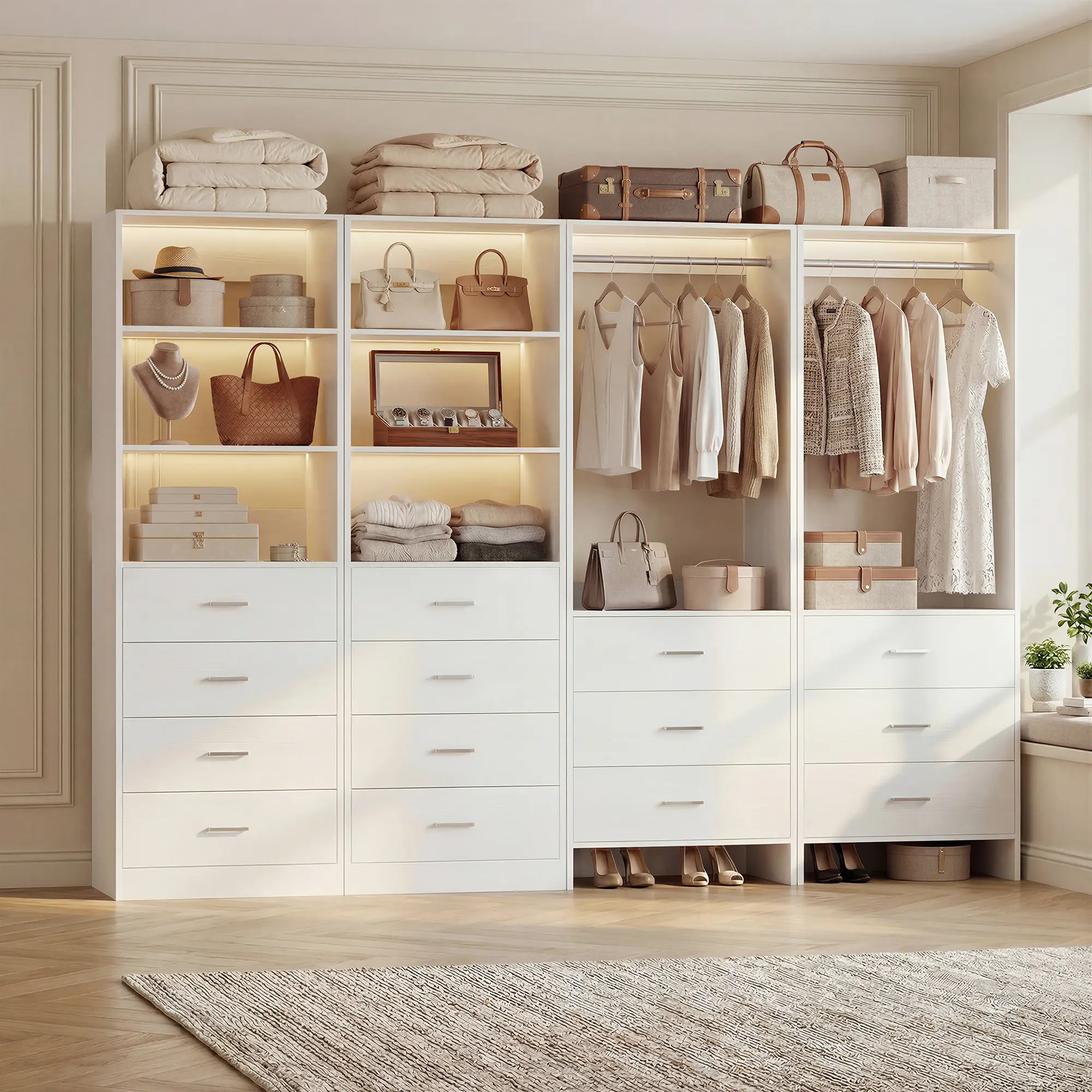 90''W Set of 4 Closet System with 14 Wooden Drawers ＆ 4 Hanging Rods, Freestanding Walk-in Closet Organizer System Wardrobe with Adjustable Shelves
