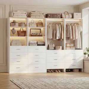 90''W Set of 4 Closet System with 14 Wooden Drawers ＆ 4 Hanging Rods, Freestanding Walk-in Closet Organizer System Wardrobe with Adjustable Shelves