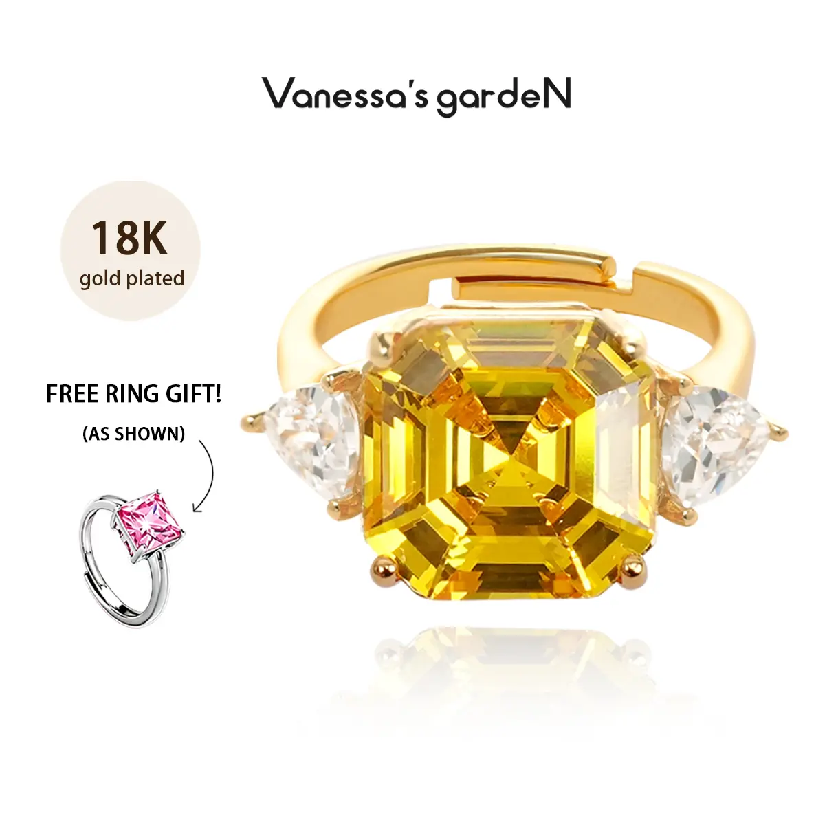Vanessa's gardeN 18K Gold-Plated Yellow Small Wing 3-Stone Adjustable Ring | Yellow Halo Collection