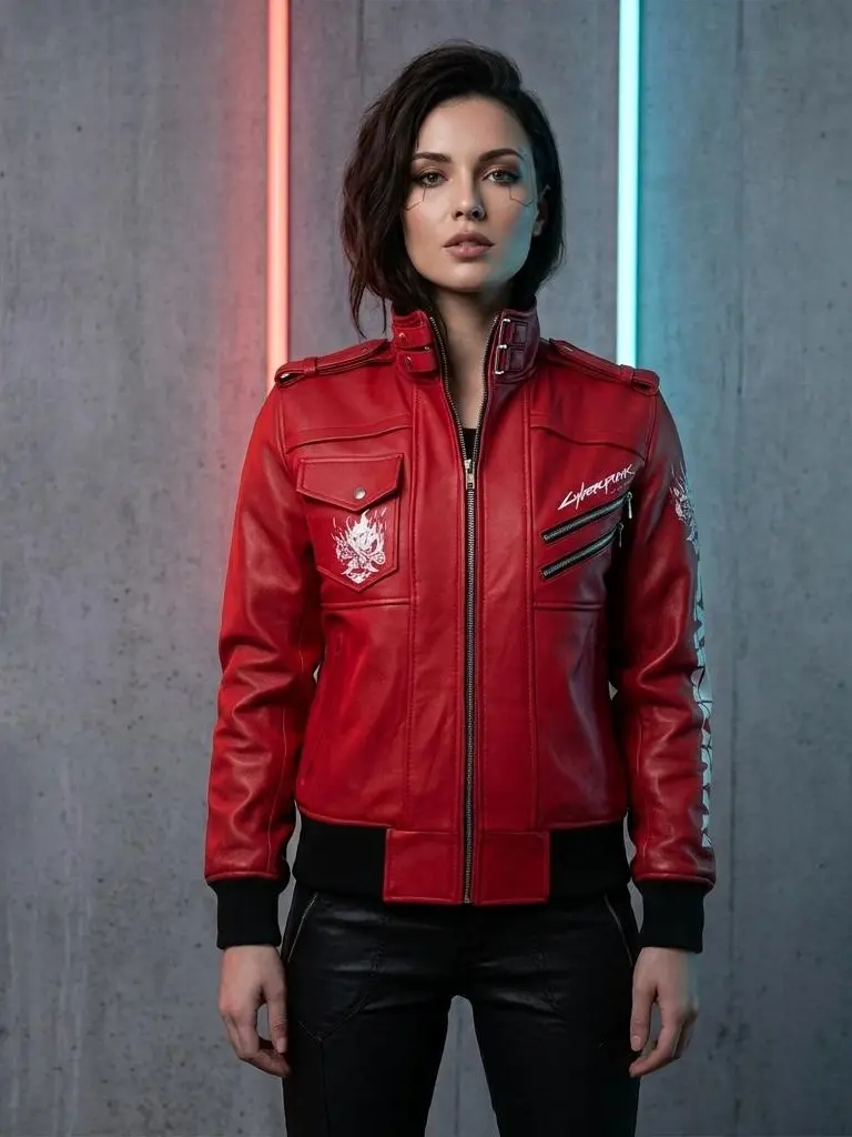 Premium Red Cyberpunk 2077 Samurai Gaming Leather Jacket Removable Hood- Best Gift Birthday / Holiday / Christmas
