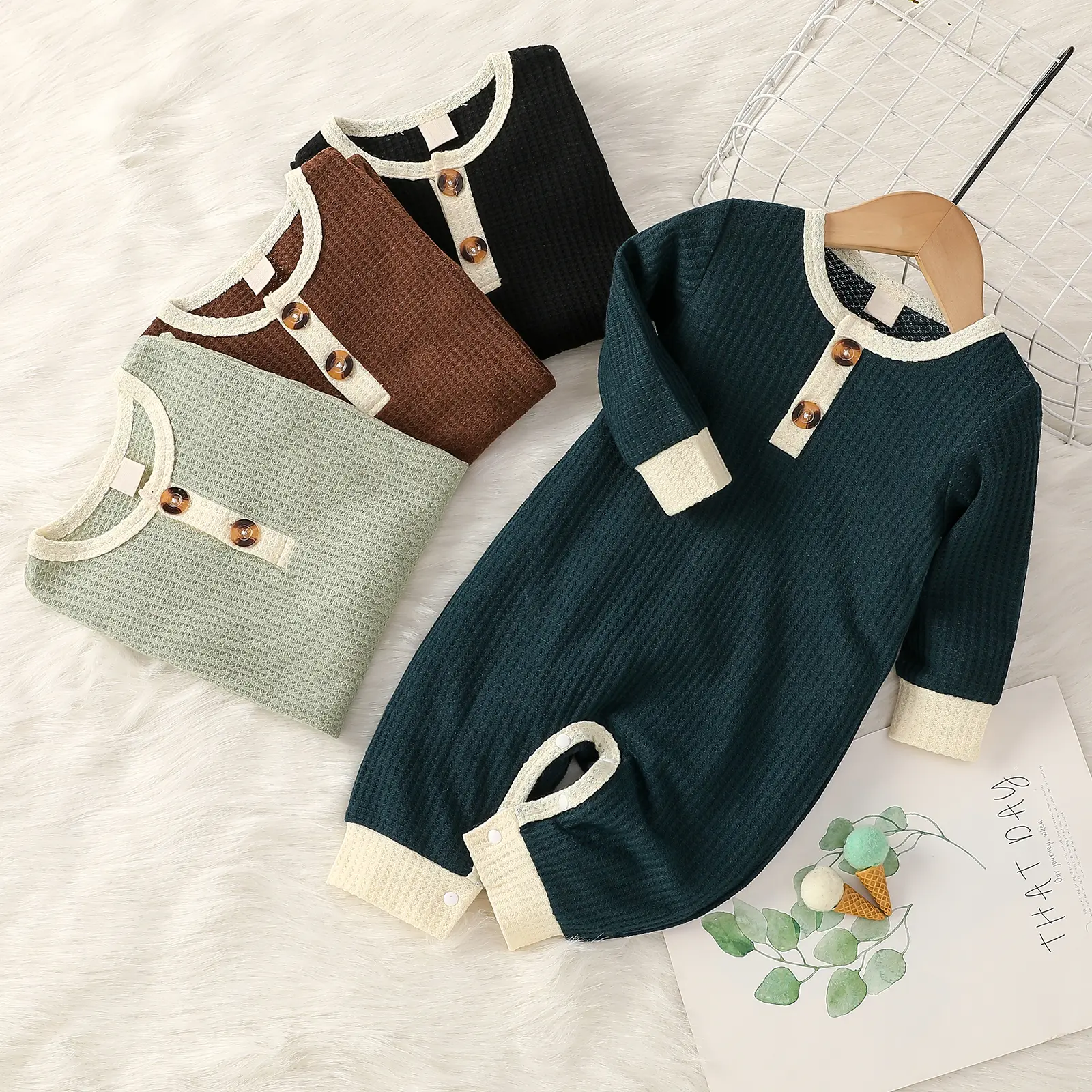 Baby Jumpsuit, Splicing Color Henley Neck Long Sleeves Knitted Rompers with Buttons for Toddlers, Girls, Boys, 0-24 Months