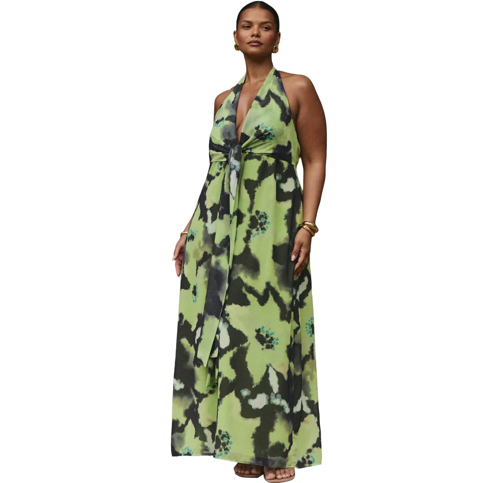 ELOQUII Women's Plus Size Tie-Detail Halter Maxi Dress