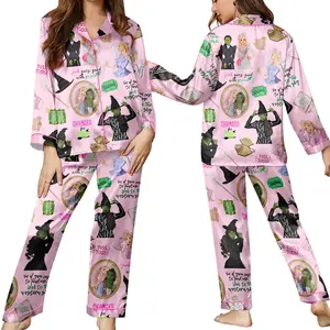 Women’s Wicked Themed Pajamas Set – Cute “Changed for Good” Cartoon Print Short Sleeve Button-Up & Shorts Sleepwear, Soft Silky Satin Lounge Set for Women