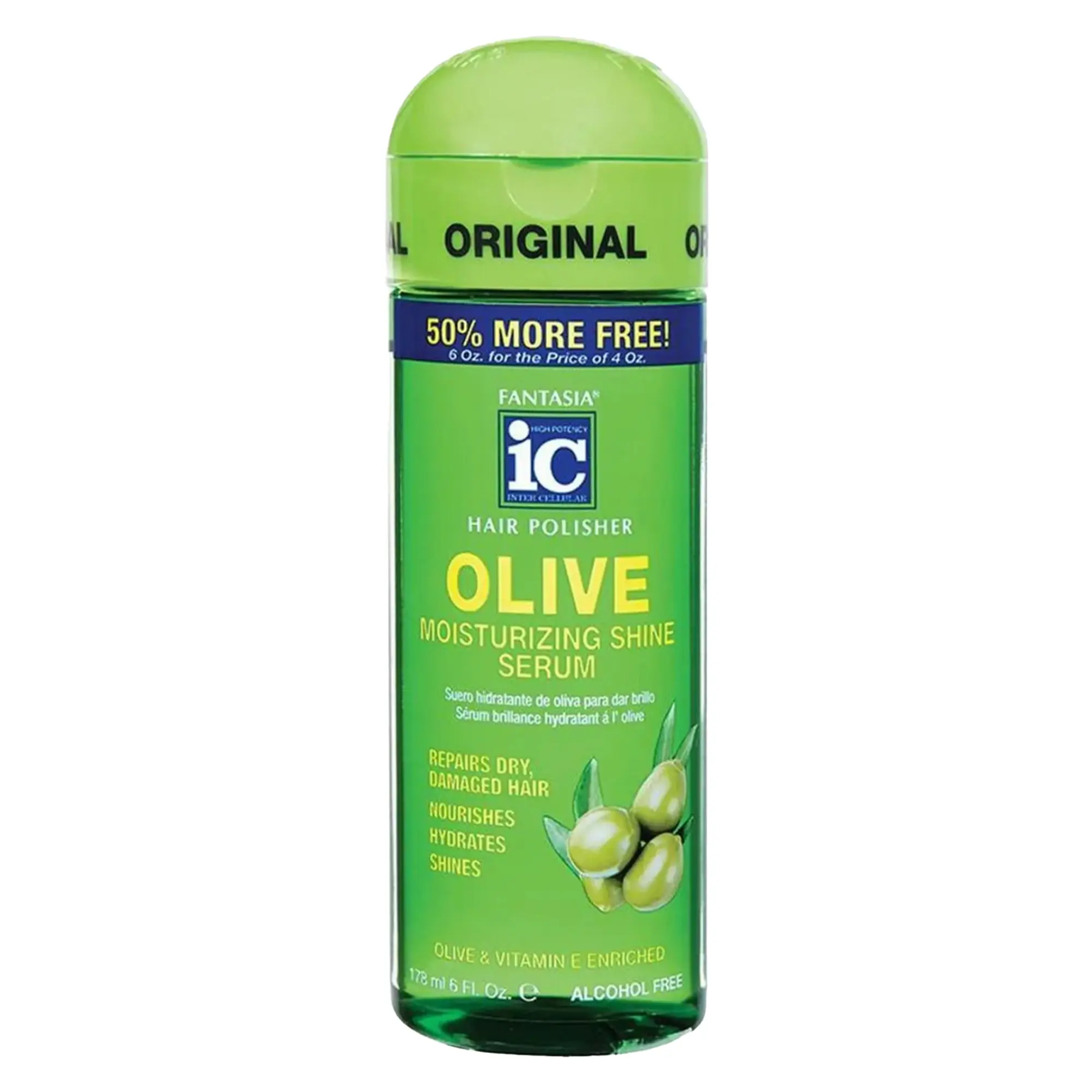 Fantasia IC Olive Oil Liquid Moisturizing Shine Serum - 6 oz Alcohol-Free Haircare Leave-In Moisturizer, Nourishing Olea Europaea (Olive) Fruit Oil, Fragrance (Parfum) Dimethicone Feather-Light Treatment for Dry Color-Chemically Treated Hair, Hydrating