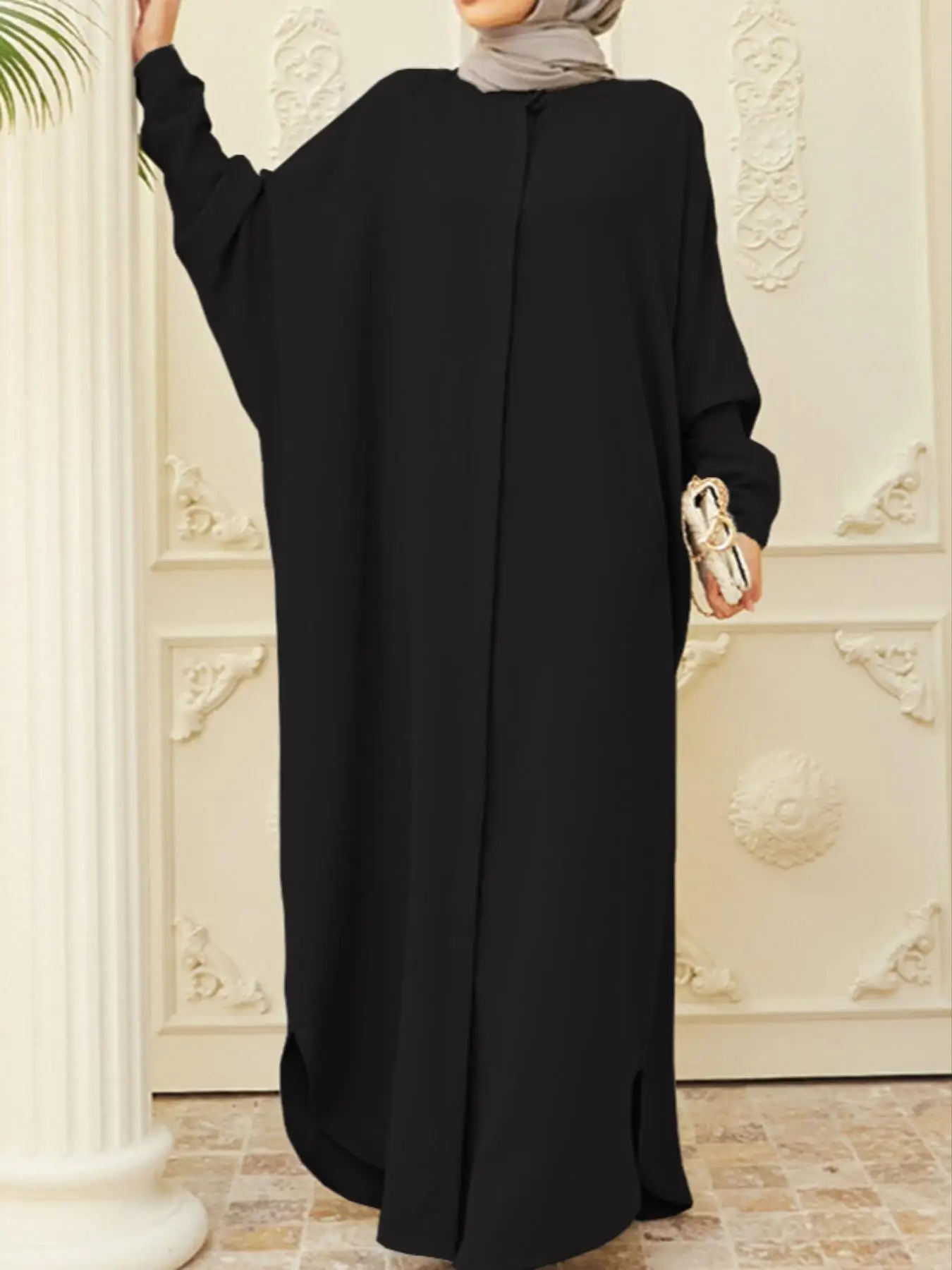 Arabic Clothing- Solid Button Split Hem Kaftan without Hijab, Casual Long Sleeve Round Neck Long Dress for Summer, Women's Islamic Clothing for Daily