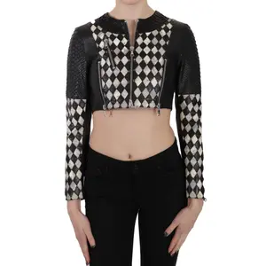 John Richmond Black White Leather Short Cropped Biker Jacket Coat