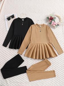 girls' fall winter fashion set, casual round neck long sleeve top & pleated skirt, fitted solid color, 2 pcs kids clothing