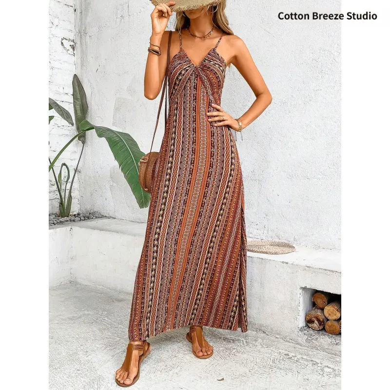 Women's Casual Sleeveless Colorblock Printed Beach Dress - New Spring/Summer, High Waist, Side Slit, Slimming Effect