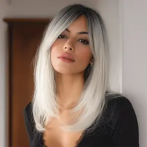 SMILCO/16Inch Ombre Brown ash Gold Short Straight with Bangs Synthetic Wig/SM435