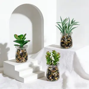 3pcs Fake Succulent Mini Potted Plants, Fake Plastic Plants, Cute Small Artificial Green Plant with Small Glass Bottles, Suitable for Indoor/Outdoor Decoration, Home and Office Decoration, New Year Celebration, Outdoor Gardening and Photography Props
