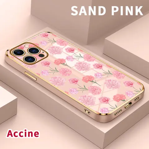 Luxury 1-Piece Soft TPU Smartphone Case - Slim Gold Edge Shine, Shockproof, Anti-Fingerprint, Non-Slip for iPhone 11,12,13,14 Plus,14 Pro,15,16,17 Pro Max Air, Carnation Dreamscape Pattern Device Protector Accessories