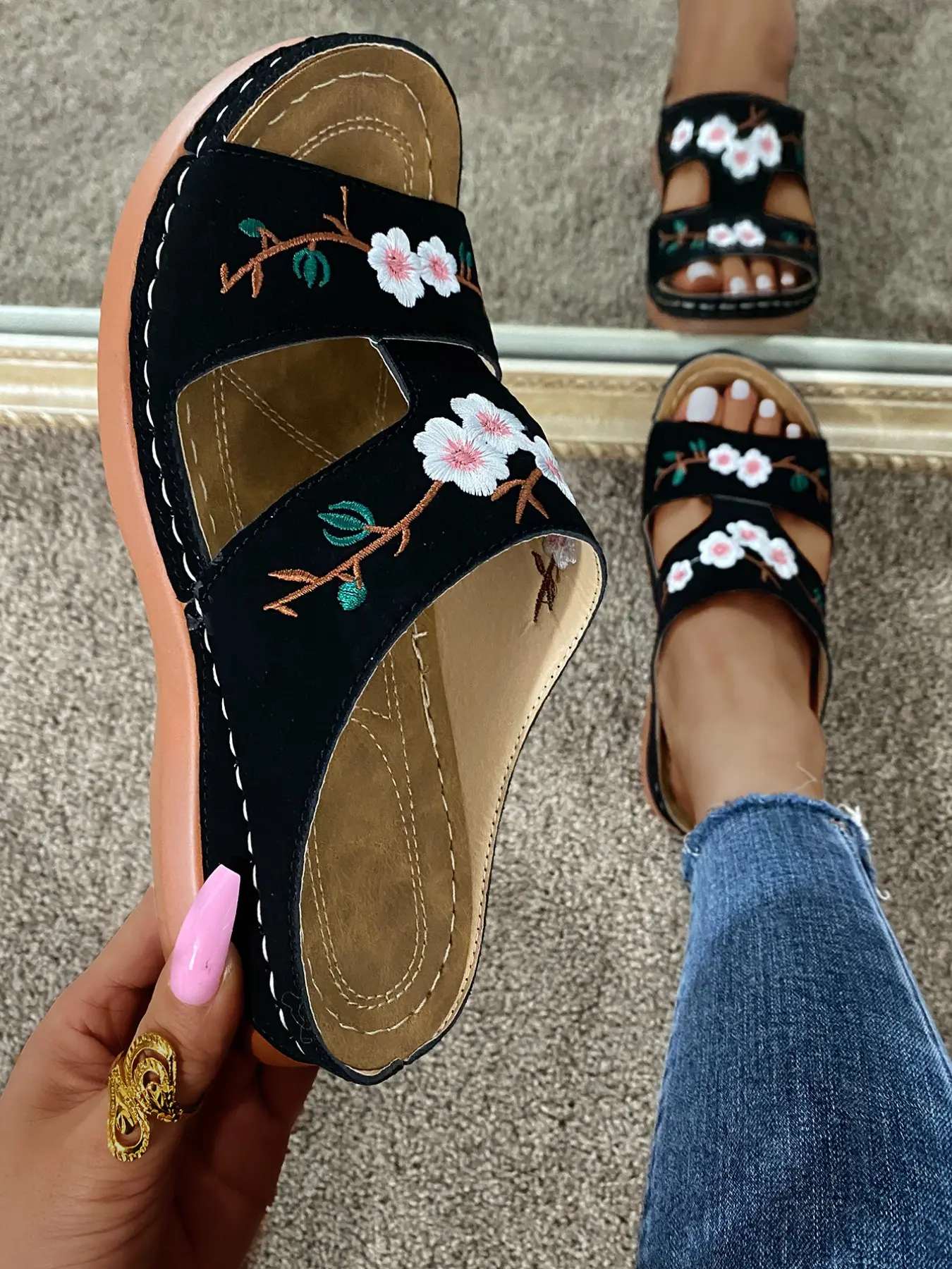 Women's Embroidered Design Slip-On Flat Rubber Sandals, Retro Style Comfortable Summer Shoes, Versatile Daily Wear Footwear for Casual, Flat Heel Sandals