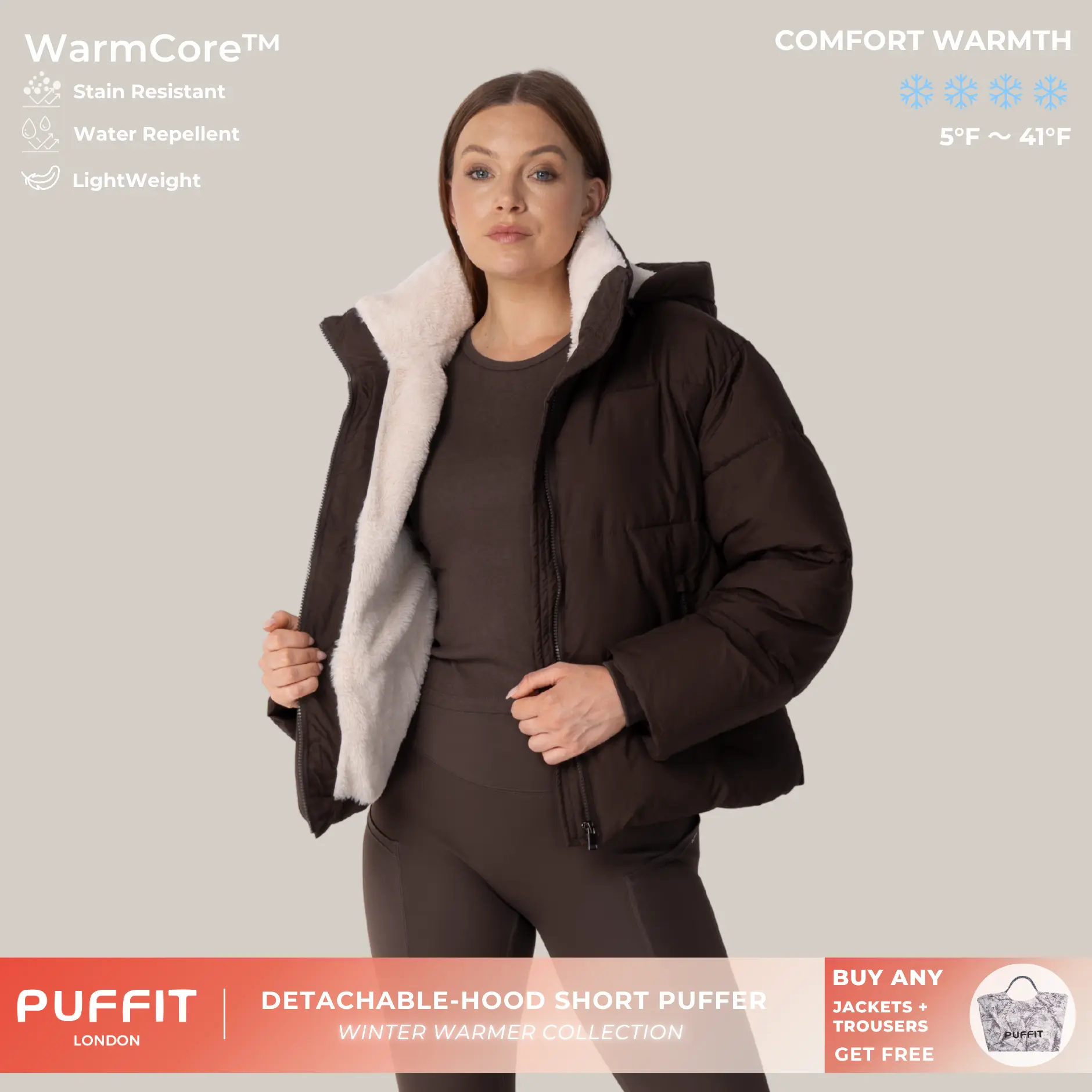 PUFFIT WarmCore Premium Short Puffer Jackets With Removable Hood & Optional Faux Fur Lining,Lady Casual Outerwear Longsleeves Zip Pockets Warm Quilted Coat,Womenswear,Tops,Sport,Fall,Winter,2026 Shopping