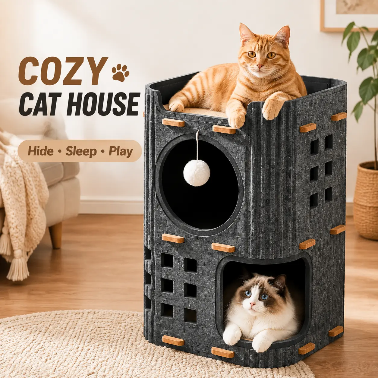 Indoor Cat House, Cozy Hideaway Cat Condo & Cat Cave with Scratching Board, 2-Level Cat Furniture for Sleeping, Playing & Resting