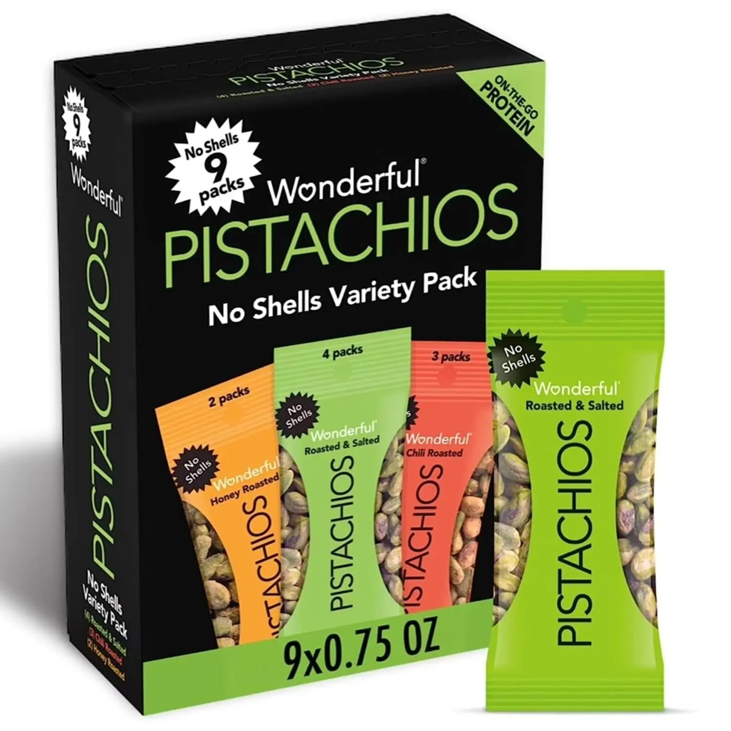 No Shells, 3 Flavors Mixed Variety Pack of 9 (0.75 Ounce), Roasted & Salted Nuts (4), Chili (3), Honey (2), Protein Snacks, Gluten Free, Healthy Snacks Variety Pack for Adult