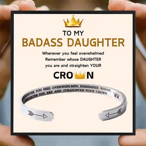 Stainless Steel Cuff Bangle with Gift Card & Gift Box, 1 Set Badass Daughter Themed Open Cuff Bangle, Birthday Gift for Daughter, Valentine's Day Gift, Teenage Girl Gifts, Stainless Steel Bracelets