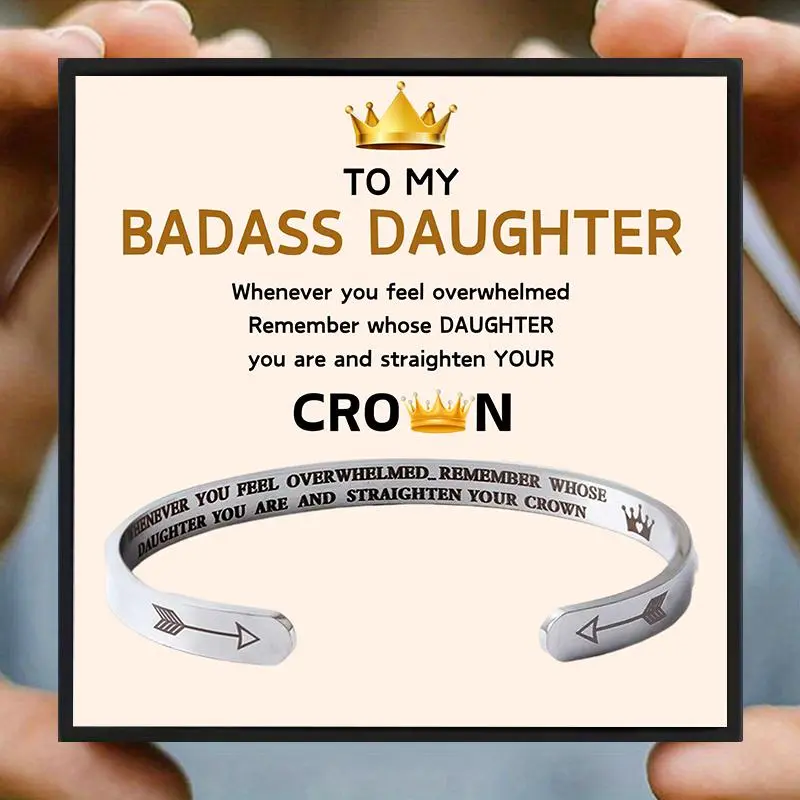 Stainless Steel Cuff Bangle with Gift Card & Gift Box, 1 Set Badass Daughter Themed Open Cuff Bangle, Birthday Gift for Daughter, Valentine's Day Gift, Teenage Girl Gifts, Stainless Steel Bracelets