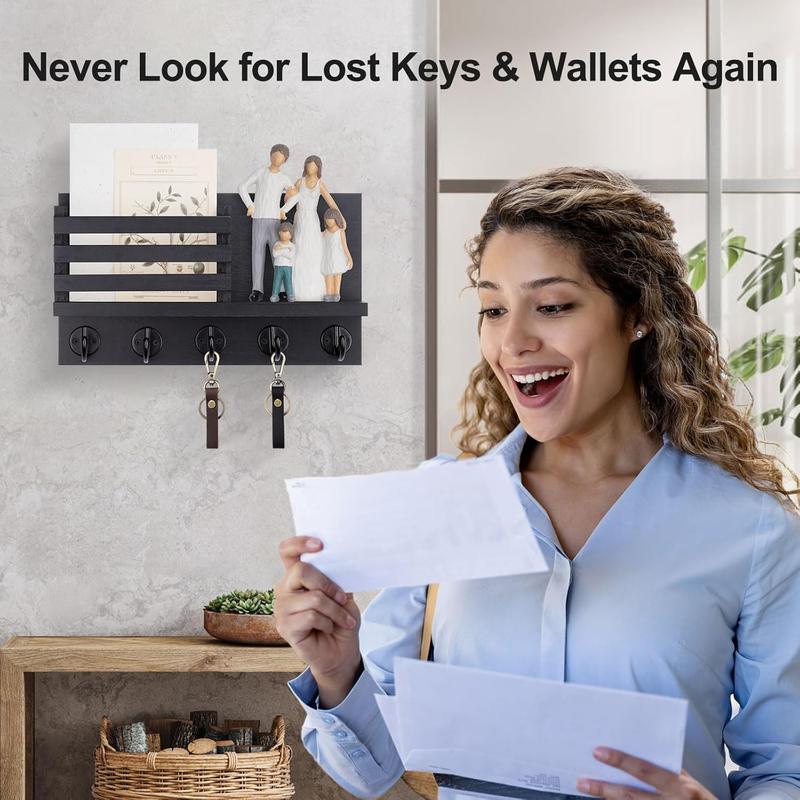 Wooden Wall Mounted Key Rack with 5 Metal Hooks, Decorative Mail Holder, Includes Installation Hardware, Ideal for Coats, Umbrellas, Bags, Storage Hooks