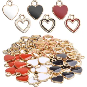 Heart Charm Pendant,60pcs Gold Plated Enamel Red White Black Hollow Heart Charms Pendants Jewellery Making Findings for Necklace Bracelet Crafting DIY,10x12mm