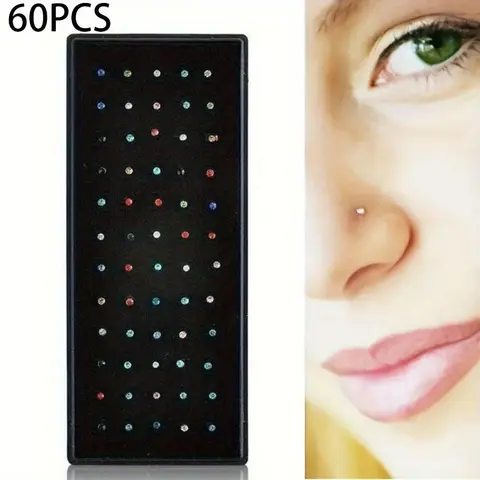 60pcs Colorful Stainless Steel Nose Ring, Nose Ring Set, Screw Nose Nail, Stainless Steel Piercing Nose Set, Body Piercing Jewelry Belly Button Piercing Hoop Set