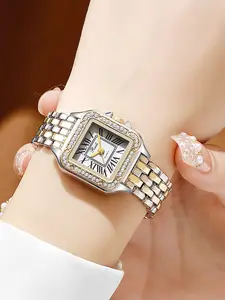 Vintage Square Dial Diamond-Embedded Women's Watch, Silver Color Steel Band, Elegant and Versatile Daily Commute Watch, Single Piece