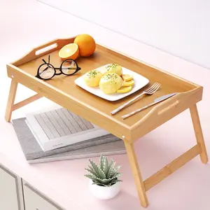 1 Pc Bamboo Bed Breakfast Tray, Bed Trays For Eating With Folding Legs Laptop Desk Snack Tray