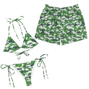 Vintage Camo Floral Couple Matching Swimwear Set,  Army Style Print Swimsuit Retro Camouflage Bathing Suits outfits, Couple Beachwear