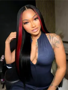 Red Highlight Ombre Black Lace Front Wig, 28 Inch Straight, Heat-Resistant Synthetic Hair, 13x4 HD Transparent Lace, Pre-Plucked Natural Hairline, Free Part for Party & Daily Wear