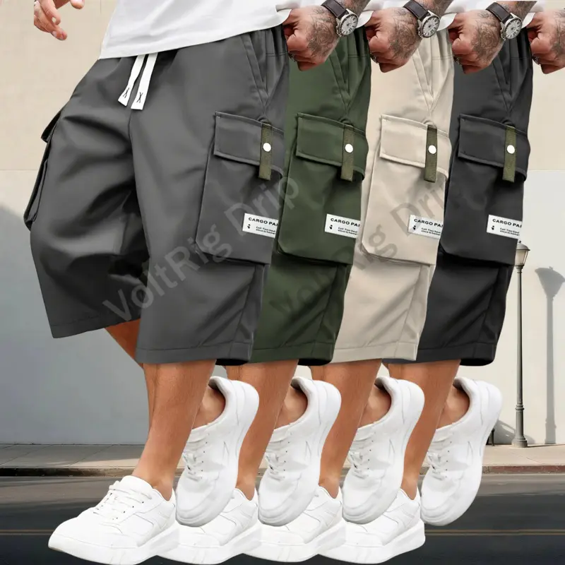 Men's Casual Athletic Cargo Shorts, 4-Pack 7/8 Length with Drawstring Waist and Large Pockets, Casual Sports, Baggy Cargo Style Men's Shorts, High-Capacity