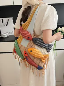 Women's Patchwork Fish Canvas Bag, High-End Commuter Handbag, Cute Shoulder Bag, Ideal for Beach Vacation, Shopping, Daily Use
