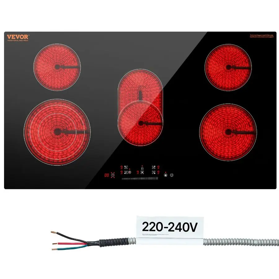 VEVOR 36-in Built-in Electric Stove, 5-Burner 8600W Ceramic Glass Cooktop for Kitchen, Touch Control, Timer, Child Lock, 9 Heat Levels, 220-240V Hard Wire (No Plug), 36 Inch