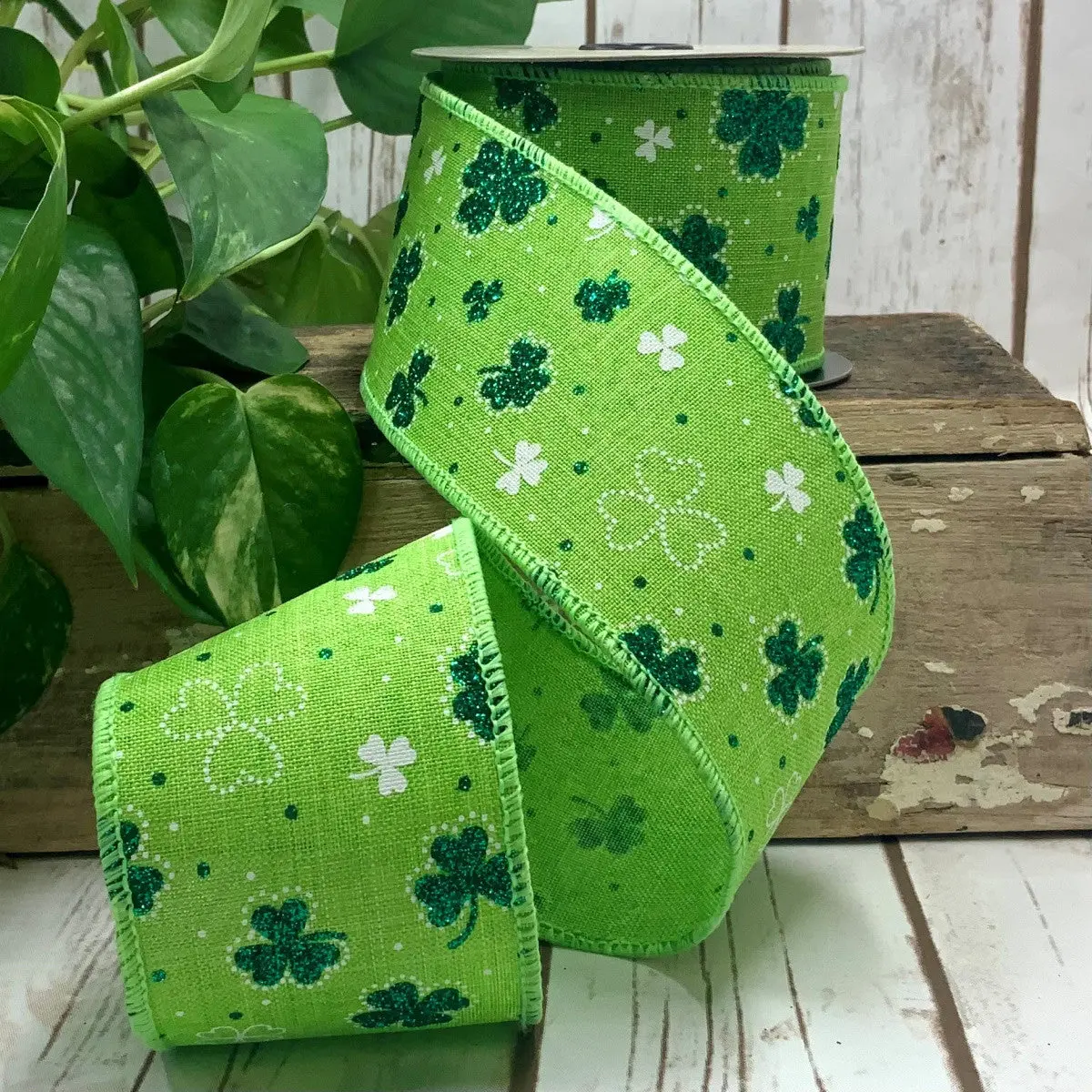 Green Glitter Shamrock on Green Ribbon, 2.5“ x 10YD