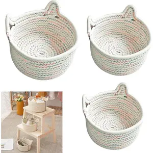 3pcs Cat Ear Woven Baskets for Storage, Small Storage Basket with Cat Ears, Cotton Rope Basket, Mini Storage Bins, Round Decorative Storage Baskets for Toy Keys Living Room Home Decor