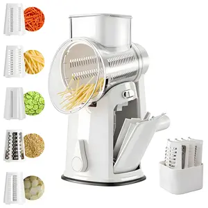 5-in-1 Rotating Cheese Grater & Vegetable Chopper With Suction Base, 10 Stainless Blades & Safety Handle - for Cheese, Vegetables, Fruits & Shredding Chicken, Kitchen Fruit Cutter